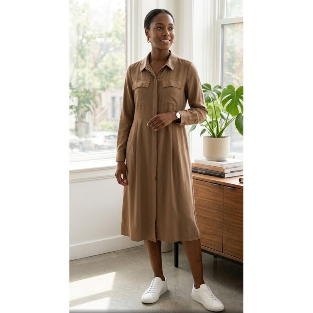 Brown‎ Crepe Utility Midi Shirtdress Tan Wardrobe Polyester Pocketed Long Sleeve